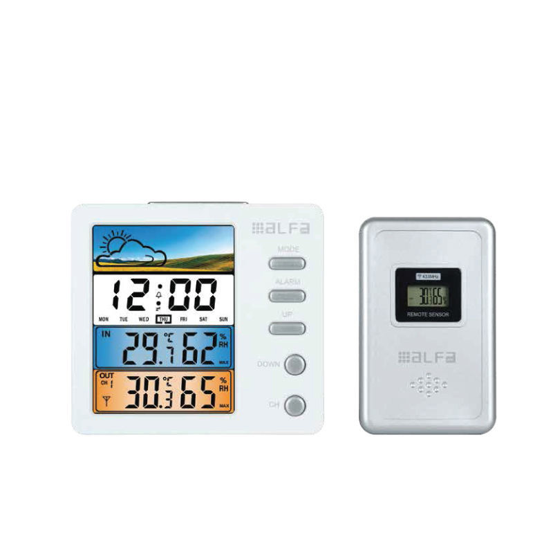 Weather station ET674C Alfaone tabletop with clock & outdoor temperature + humidity White/Silver