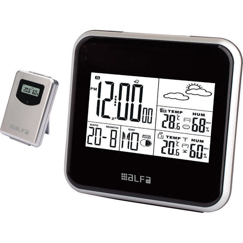 Weather station ET852C Alfaone tabletop with clock & outdoor temperature + humidity Black-Silver