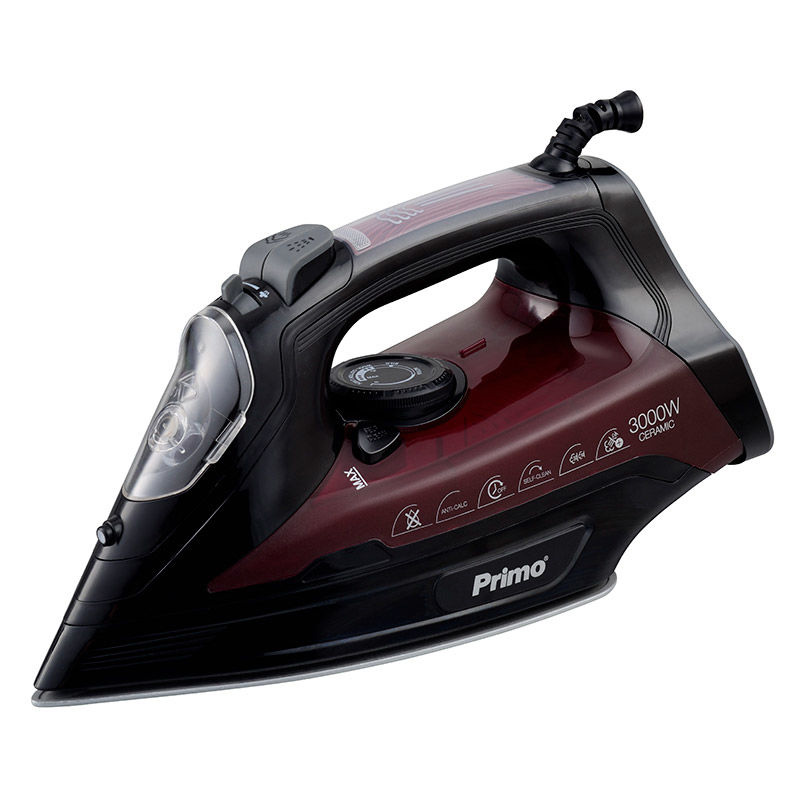 Steam iron PRSI-40313 Primo ceramic plate 3000W Anti-drip Anti-calc Auto shut-off Black-Bordeaux