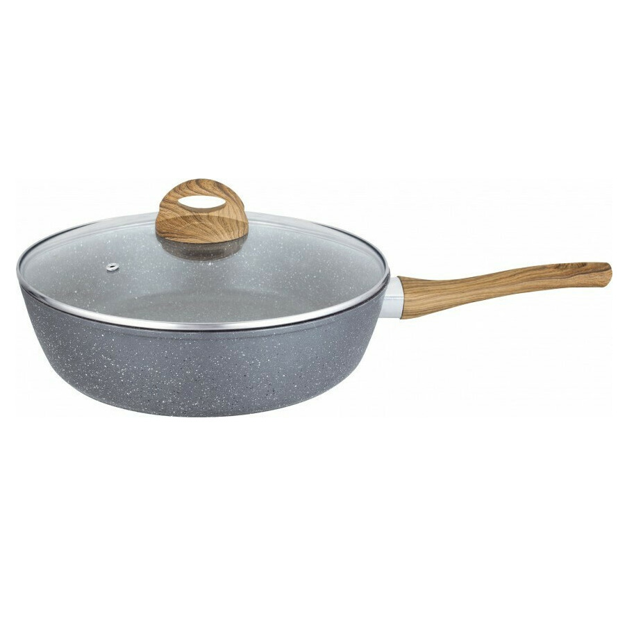 Nonstick saute pan marble with wooden look handles and glass lid 28 cm