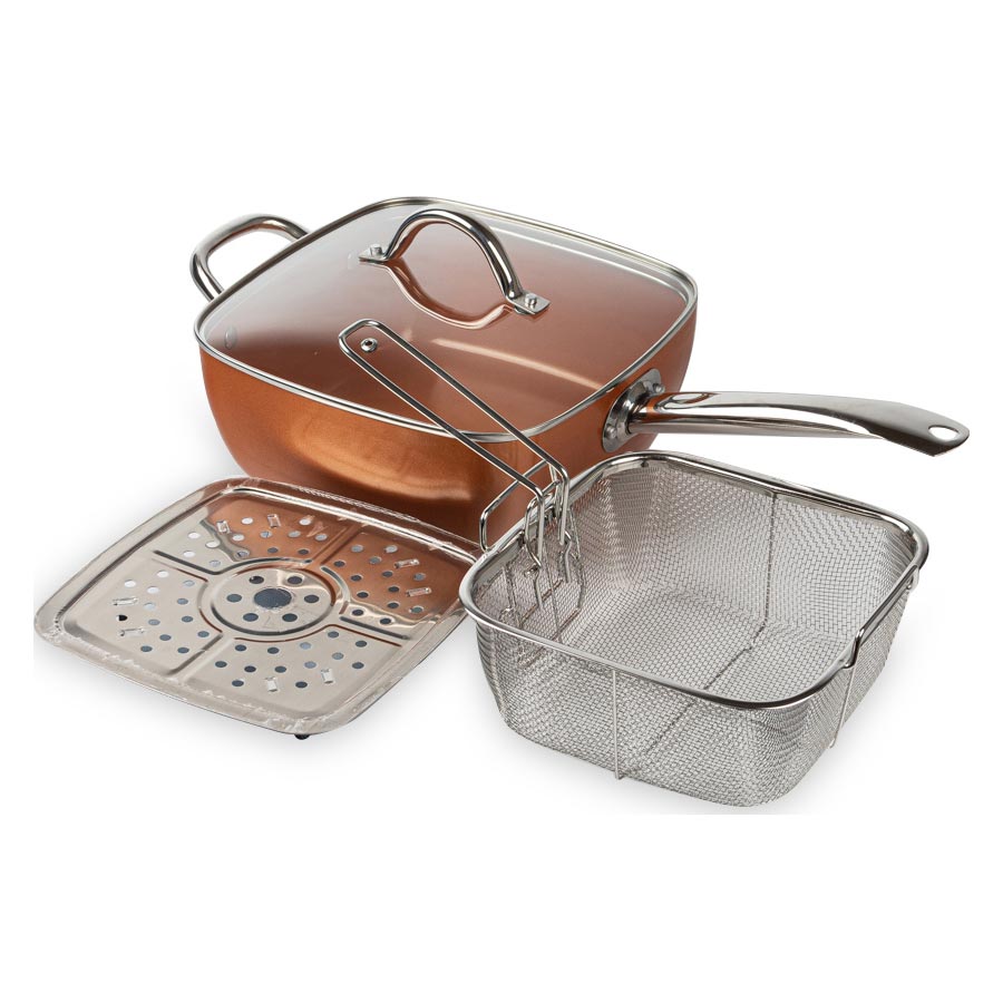 Multi use pan with ceramic coating, glass lid and inox accessories 24x24x9.5 cm