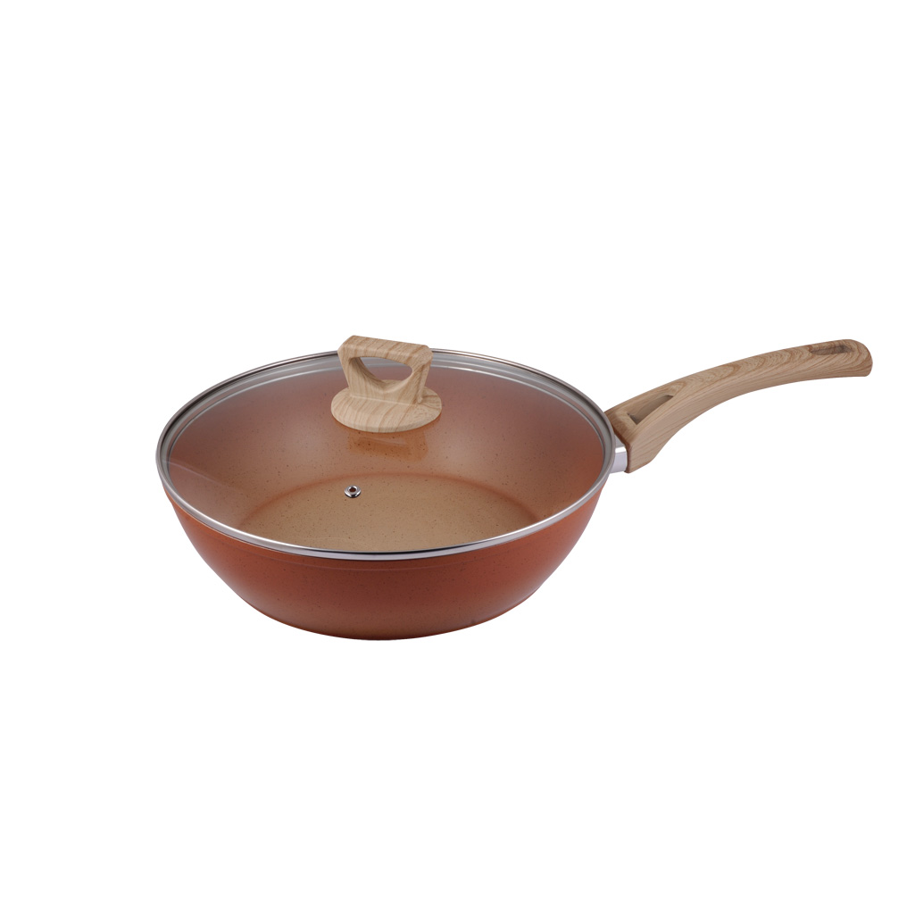 TnS nonstick saute pan degrade with wooden look handles + glass lid 28 cm
