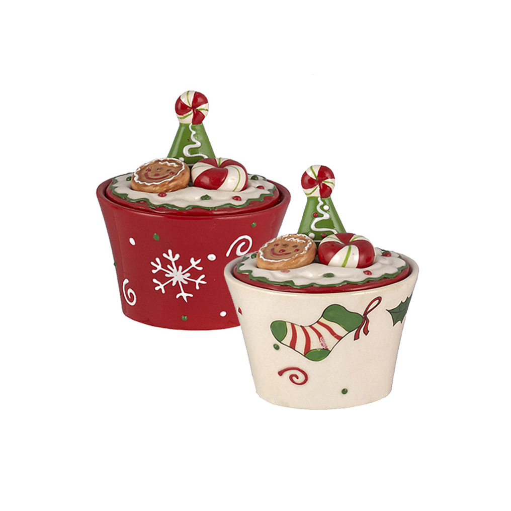 Ceramic cookie jars cream + red 11x11x13 cm 2 pcs
