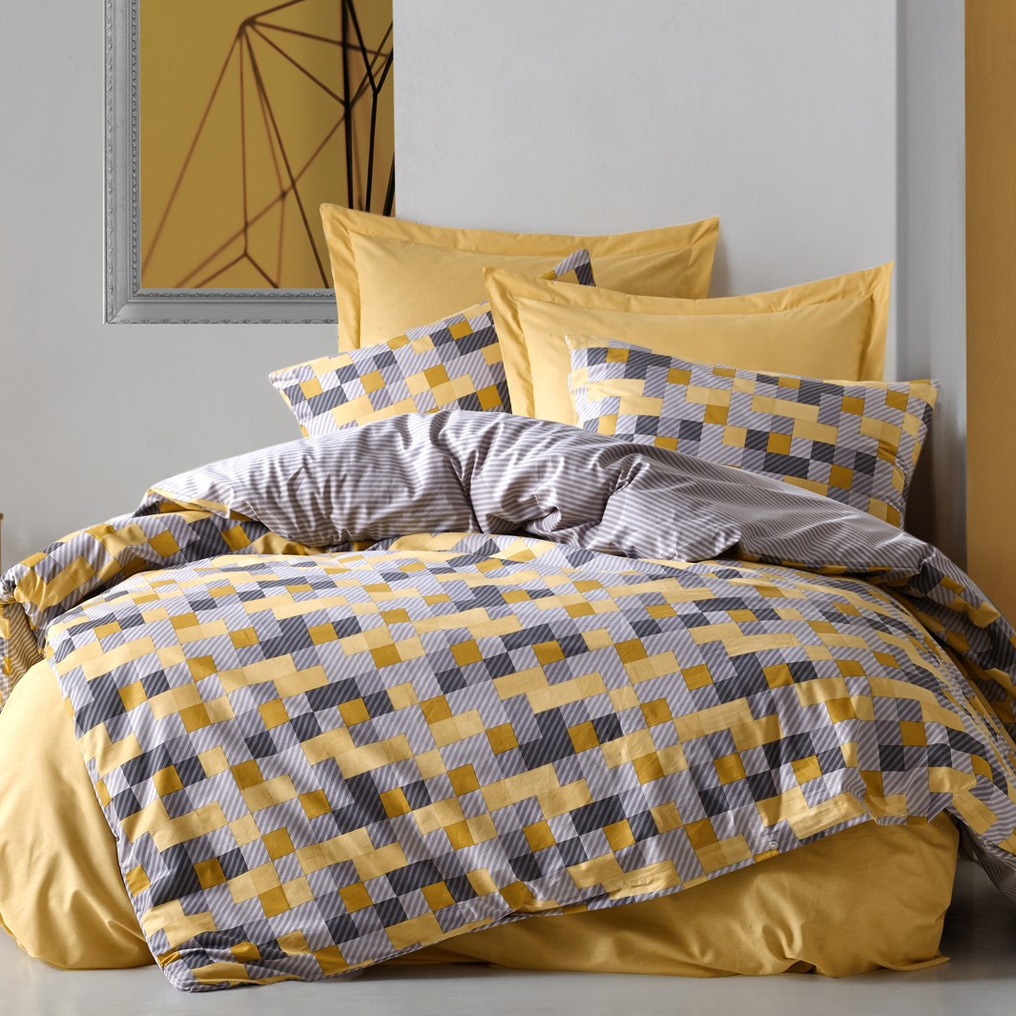 Quilt Cover Set Elon - Yellow 100% Cotton Duvet Cover + Flat Sheet + Pillowcase