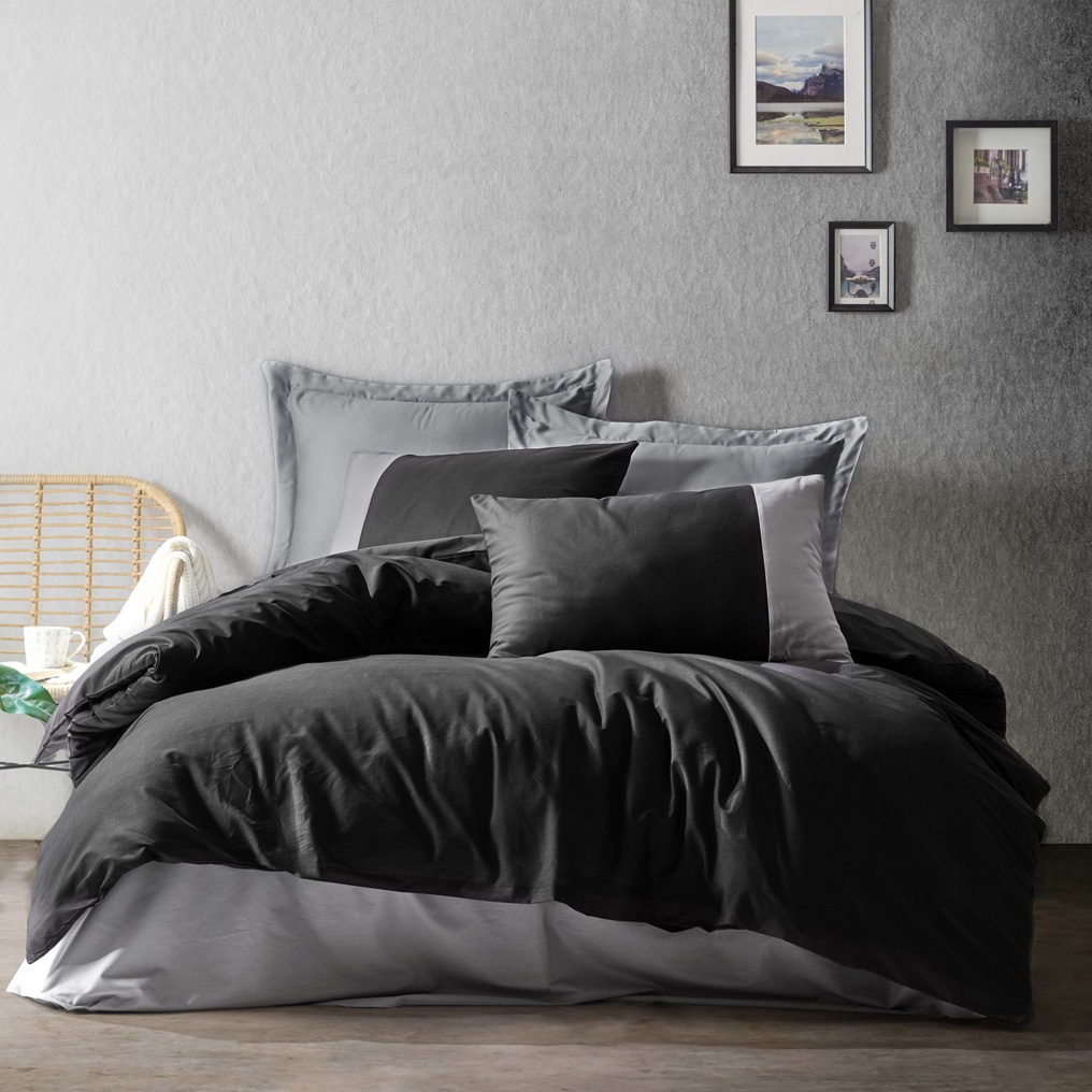 Quilt Cover Set Plain - Black, Grey 100% Cotton Duvet Cover + Flat Sheet + Pillowcase