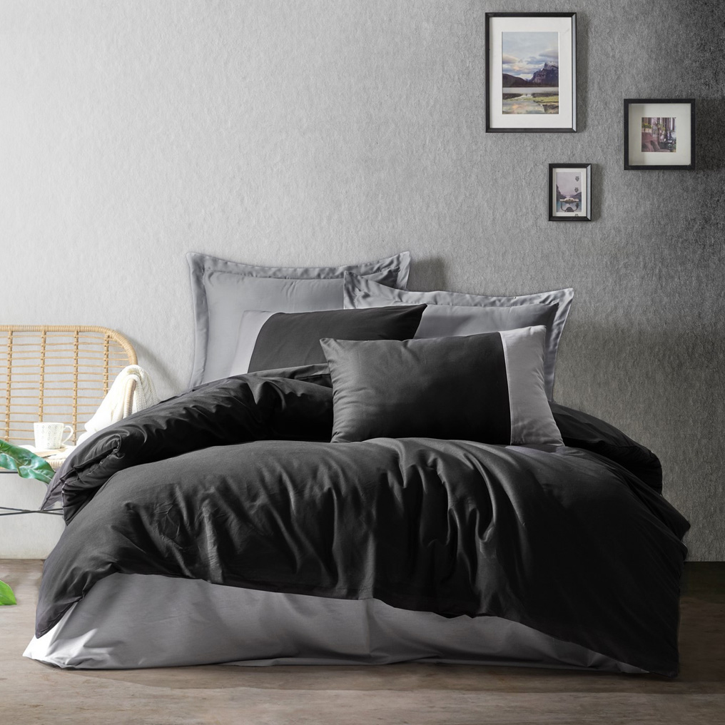 Quilt Cover Set Plain - Black, Grey 100% Cotton Duvet Cover + Flat Sheet + Pillowcase