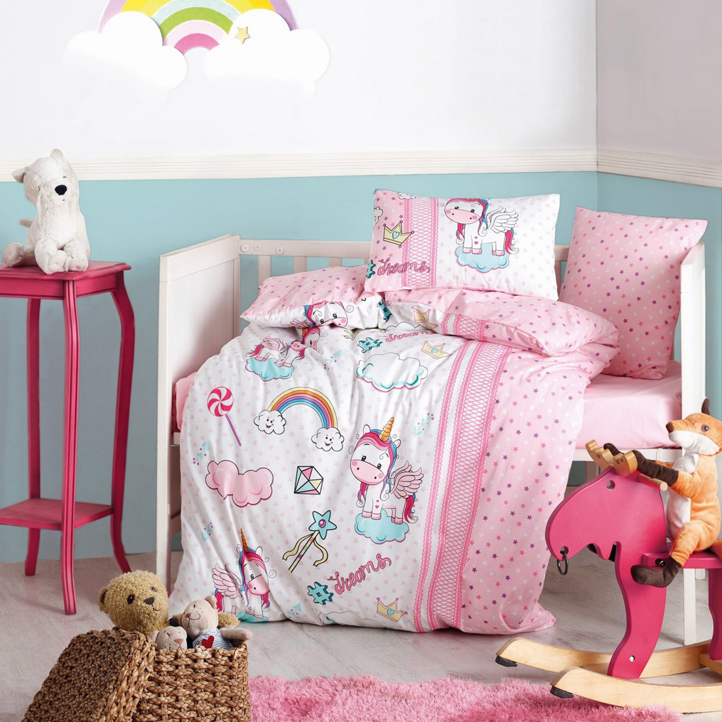 Baby Quilt Cover Set Unicorn - Pink 100% Cotton Duvet Cover + Flat Sheet + Pillowcase