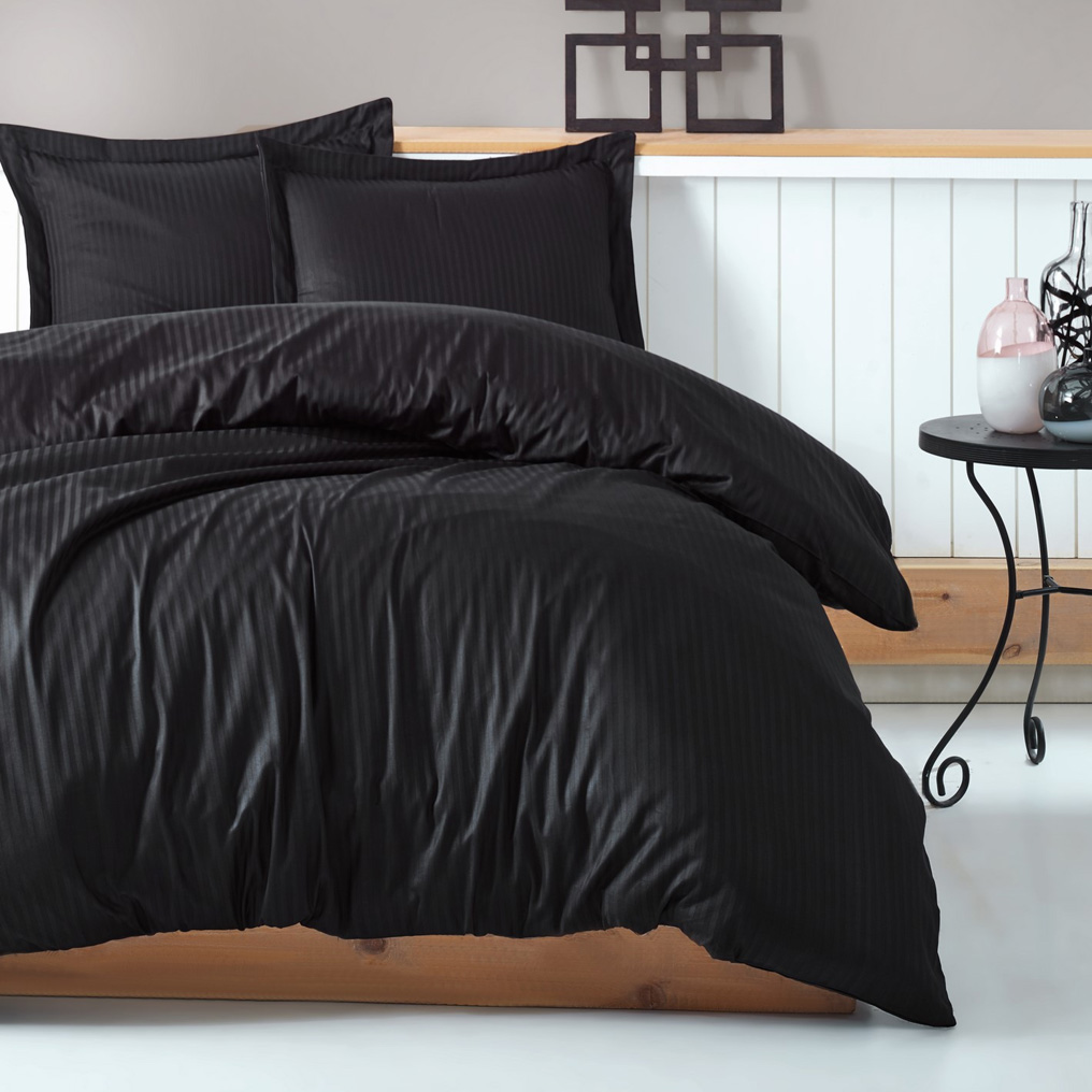 Premium Double Quilt Cover Set Stripe-Black 100% Cotton Duvet Cover+ Flat sheet+ 2 Ox. Pillowcases