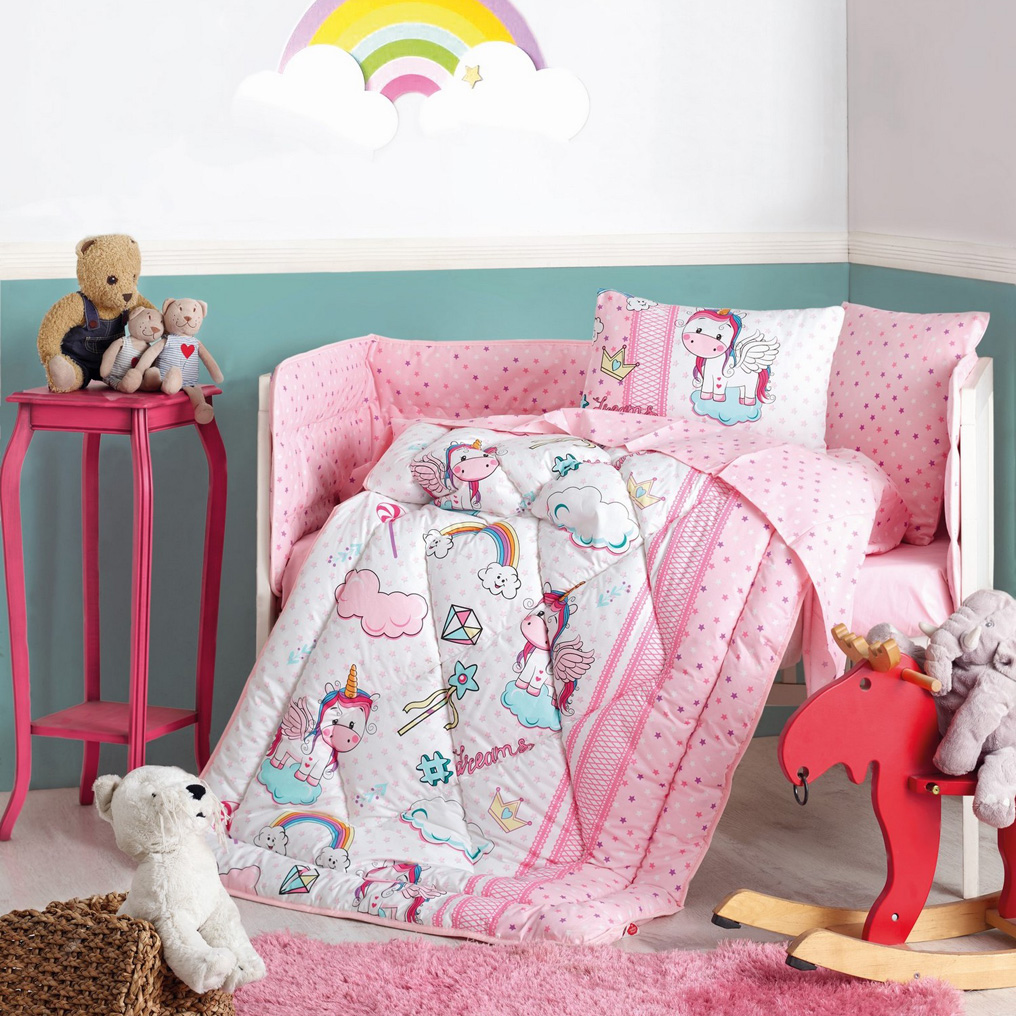 Baby Sleep Set Unicorn - Pink 100% Cotton Quilt Protector + Flat sheet + Quilt