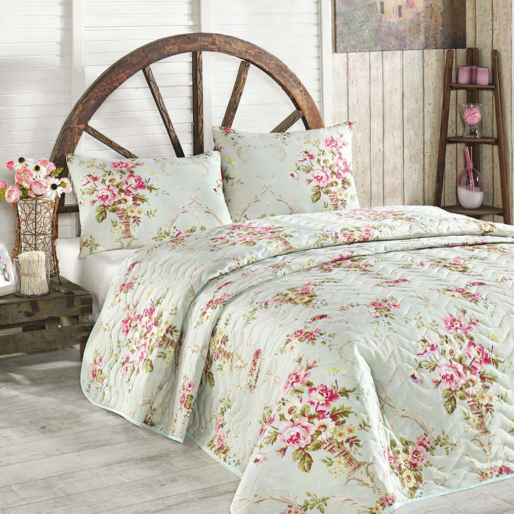 Double Quilted Bedspread Set Alanur - Mint 65% Cotton / 35% Pol. Padded Cover + 2 Pillowcases