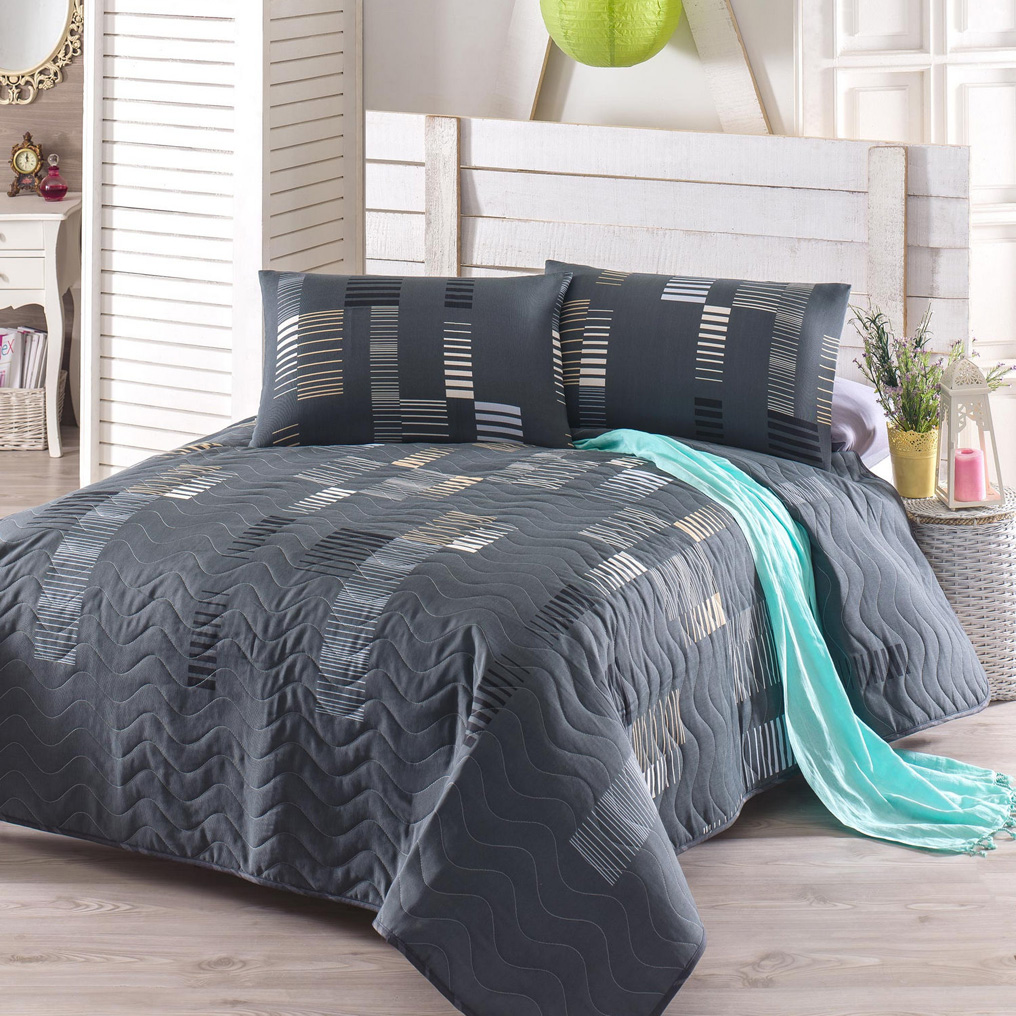 Quilted bedspread Set Trace-Anthracite 65% Cotton / 35% Pol. Padded Cover + Pillowcase