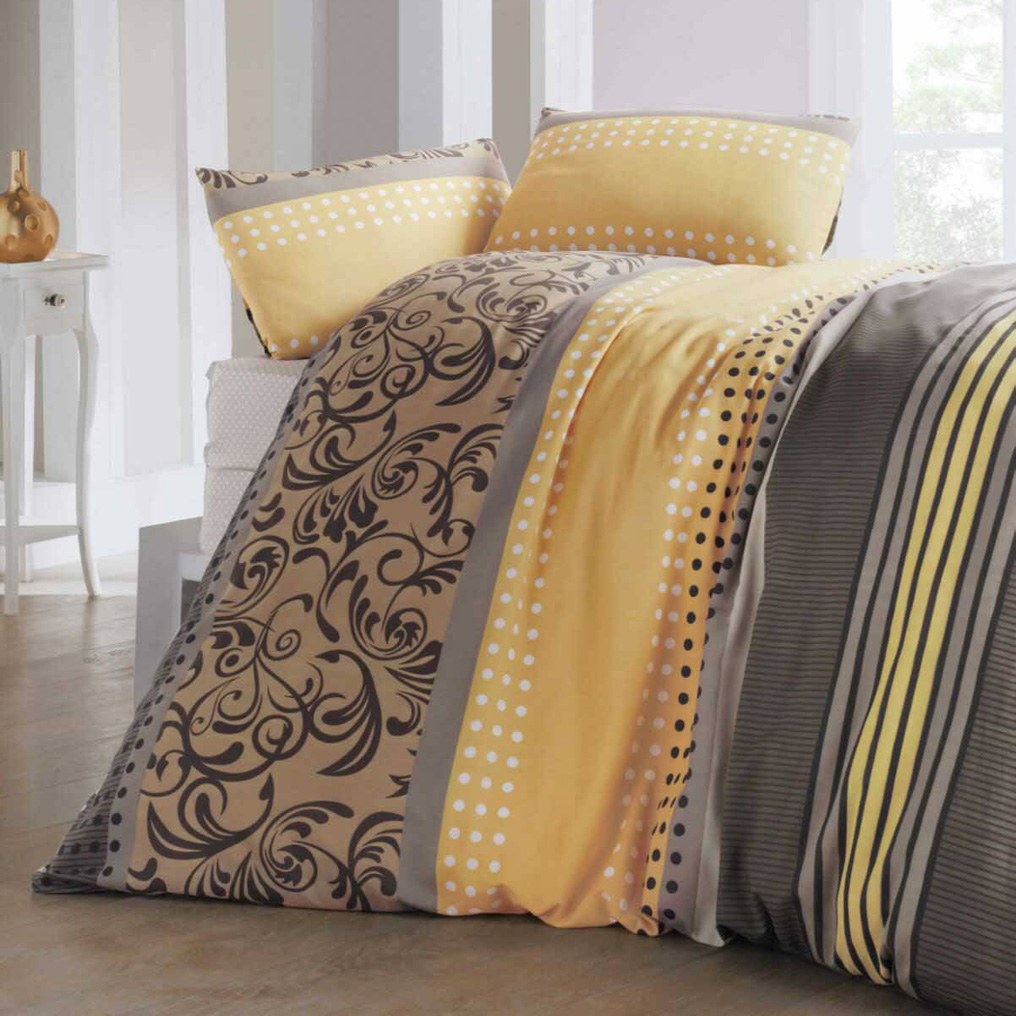 Quilt Cover Set Miranda-Yellow 65% Cotton / 35% Pol. Duvet Cover + Flat sheet + Pillowcase