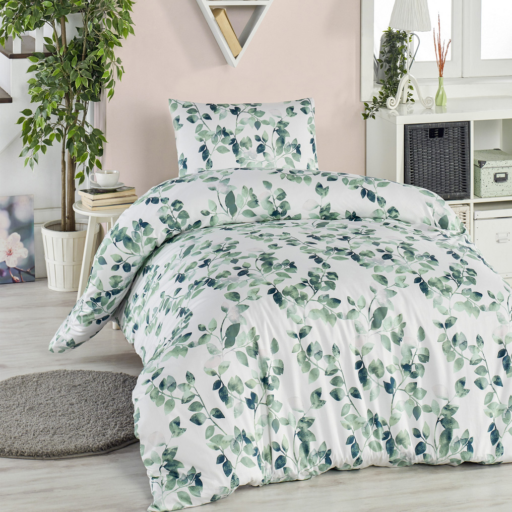 Quilt Cover Set Sabine - Green 100% Cotton Duvet Cover + Flat Sheet + Pillowcase