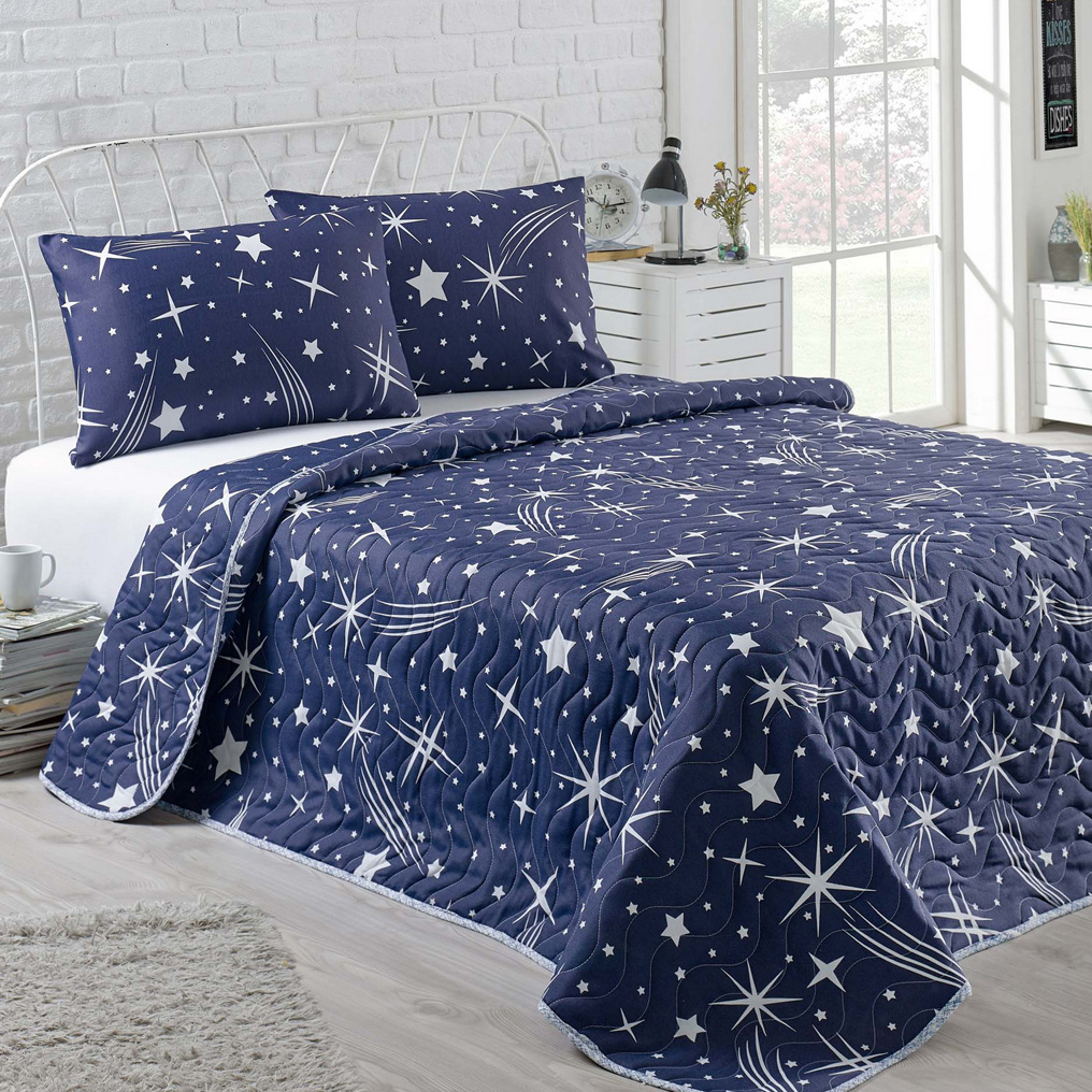 Quilted bedspread Set Halley - Dark Blue 65% Cotton / 35% Pol. Padded Cover + Pillowcase