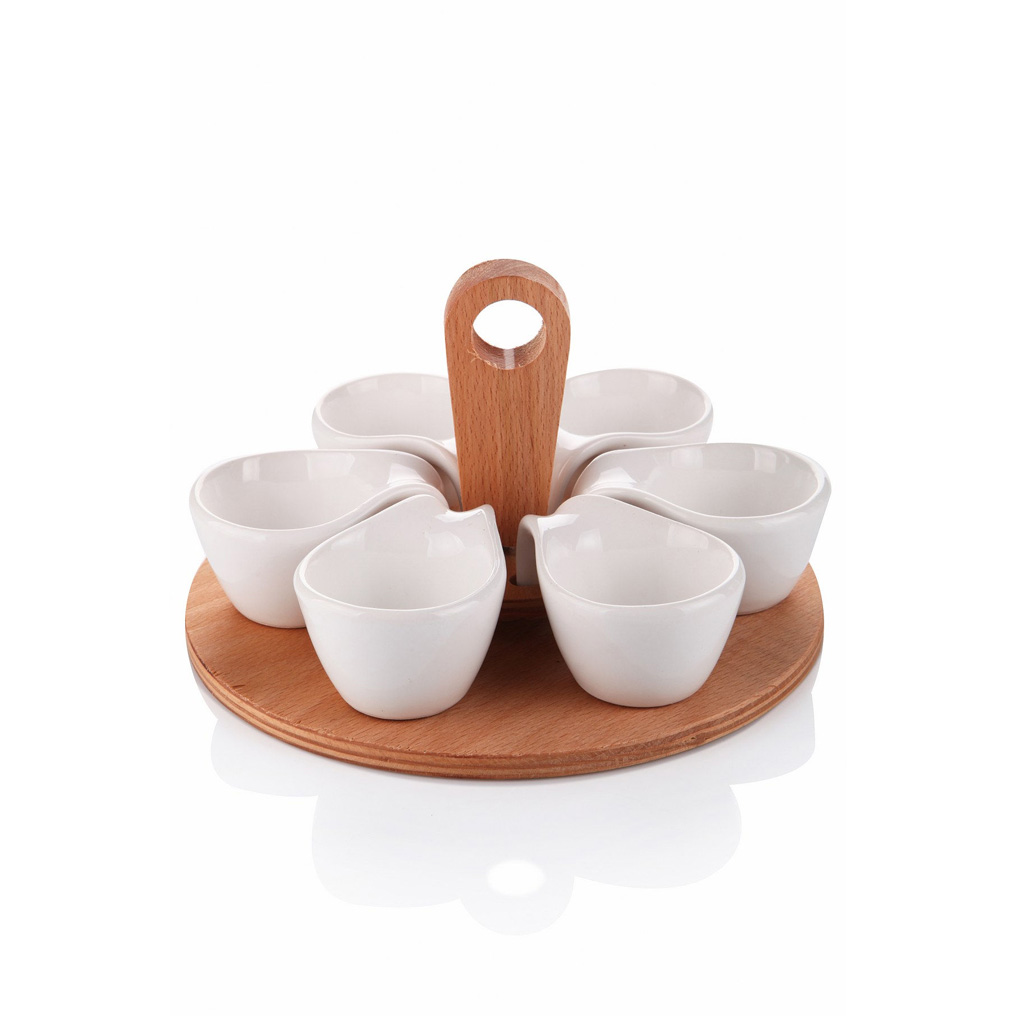 Bowl Set with tray TEP White 6 pcs Ceramic / Wood 23x14 cm 196RWE1703