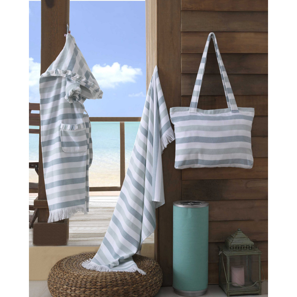 Beach towel set 3 pcs Stripe 100% Cotton Green / White