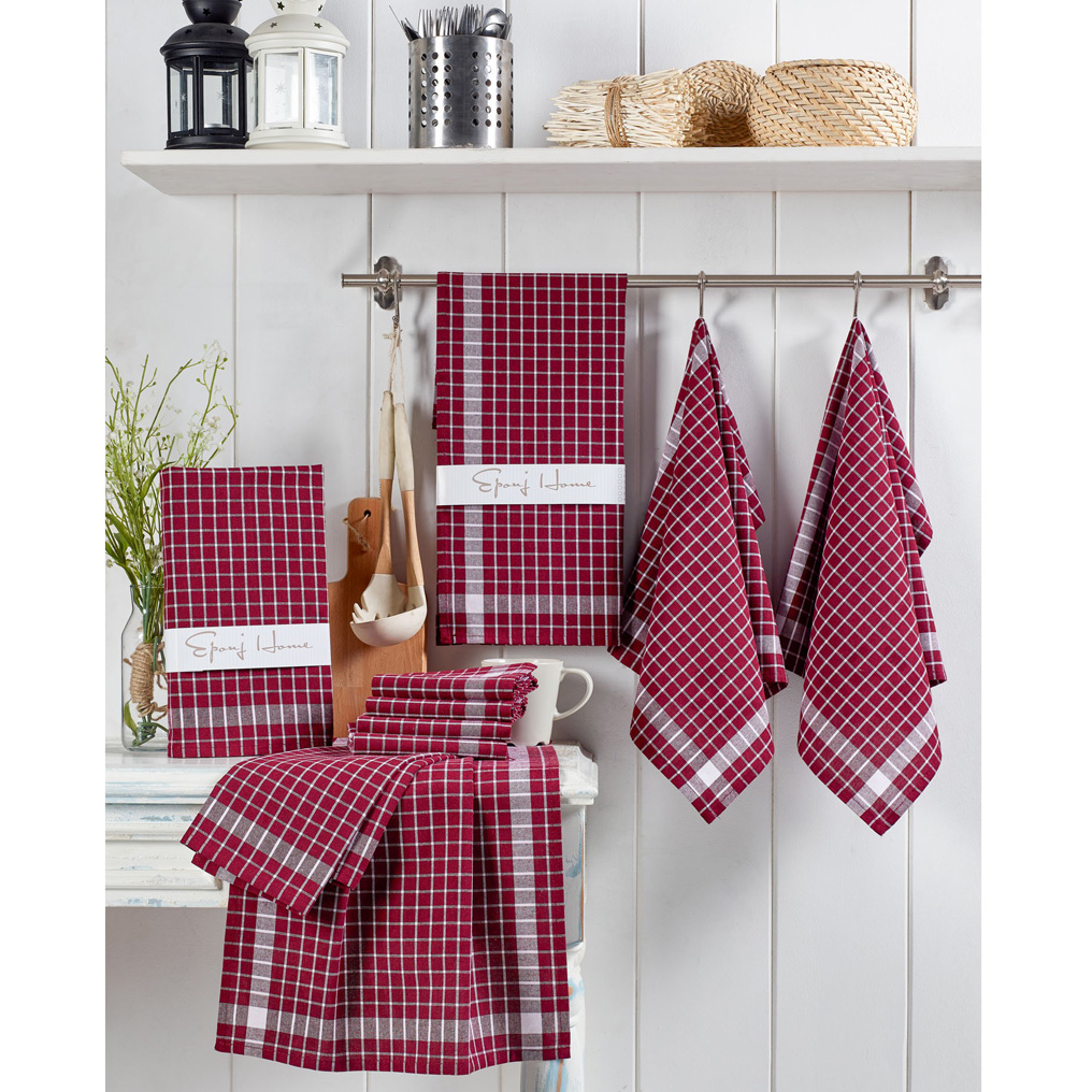 Kitchen towel set 10 pcs Kup 100% Cotton Claret Red / White 45x65 cm