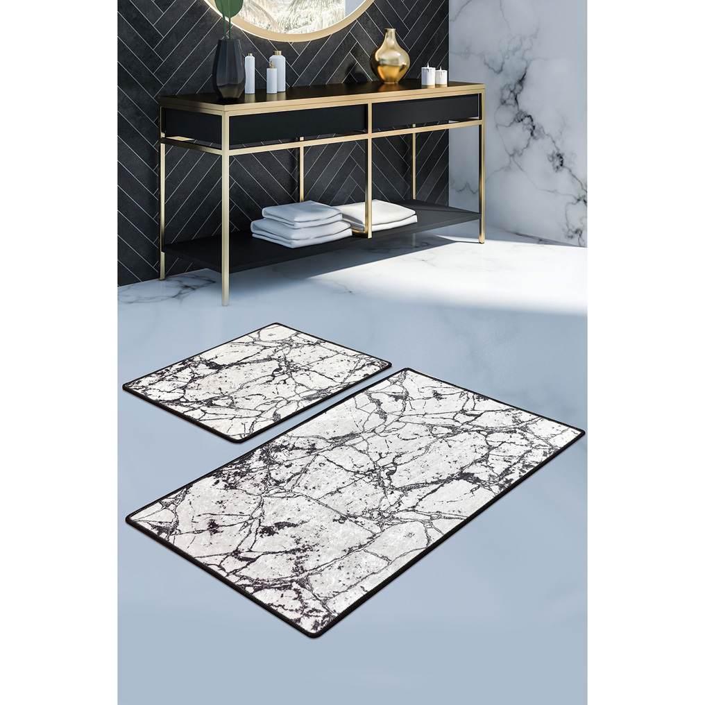 Bathmat set 2 pcs Marble - White 100% Velvet fabric  50x60 / 60x100 cm