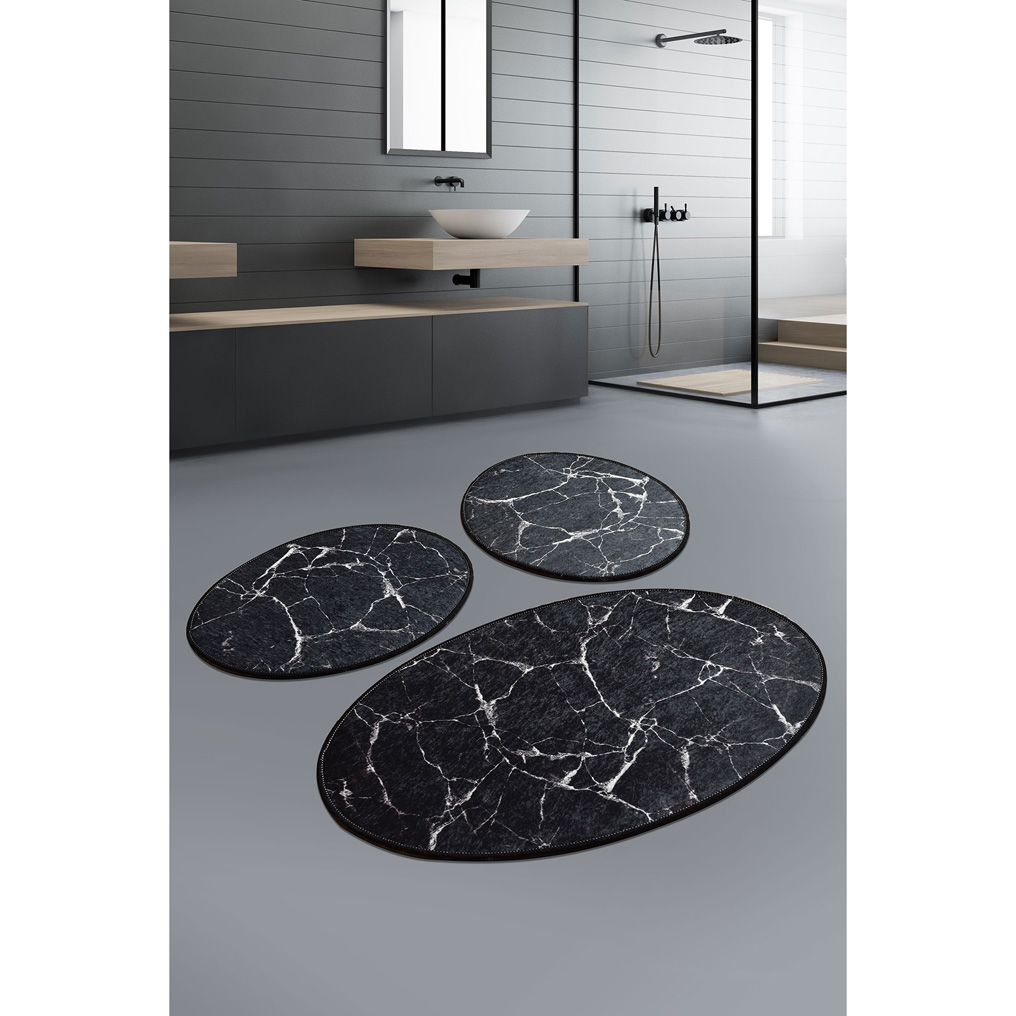 Πατάκια μπάνιου σετ 3 τεμ. Marble 100% Βελουτέ Μαύρο / Λευκό 50x60 / 60x100 εκ.