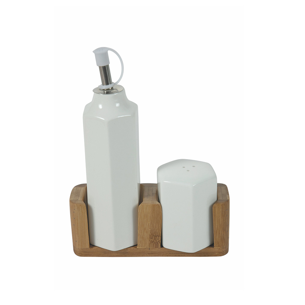 Porcelain oil and salt shaker with wooden base 14x5x2 cm