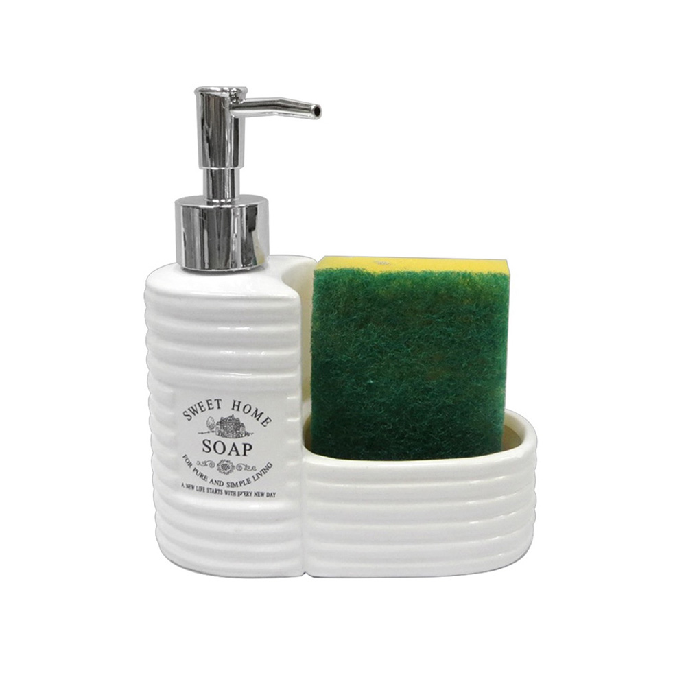 Kitchen soap dispenser with sponge holder white ceramic 200 ml