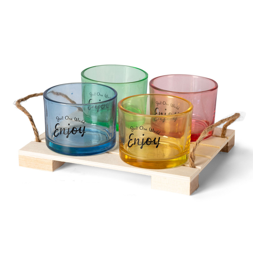 Appetizer set 4 glass bowls 10 cc + Wooden base 7x14x1,5 cm