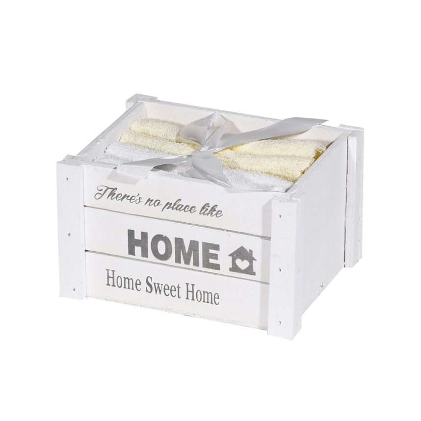 Wooden box 17x14x10 cm + 4 hand towels 30x30 cm 100% cotton White