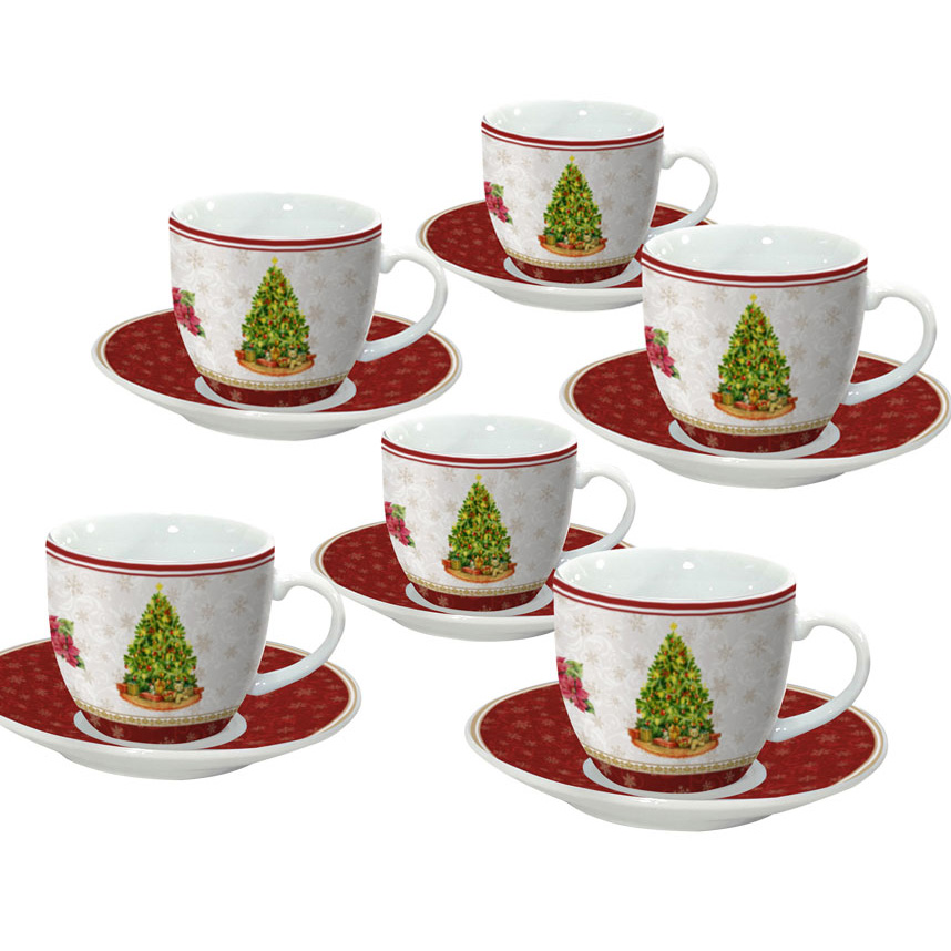 Christmas porcelain mugs 5.5x5.5 cm with saucers 10.5 cm 6 pcs