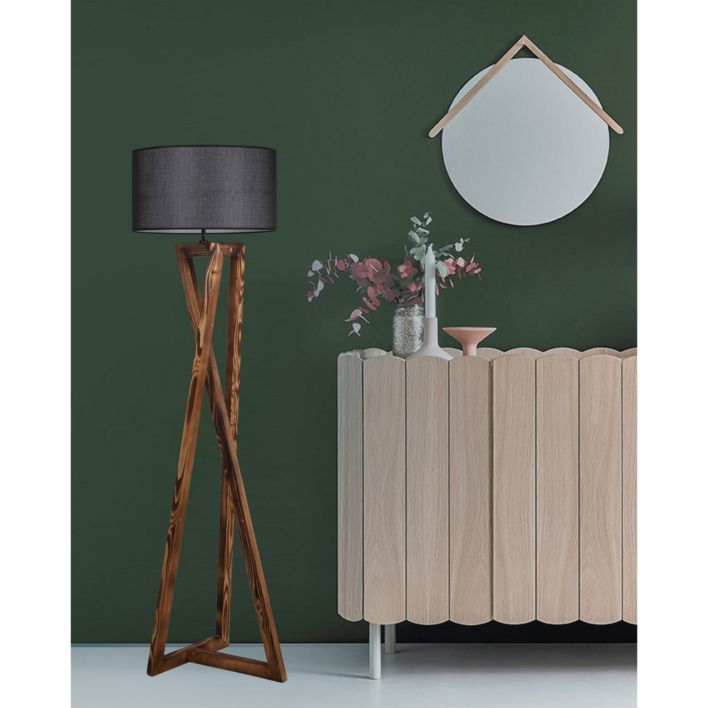 Burnt Fir Wood Floor Lamp with Fabric Lampshade Macka Brown Black H: 166 cm E27 60 W