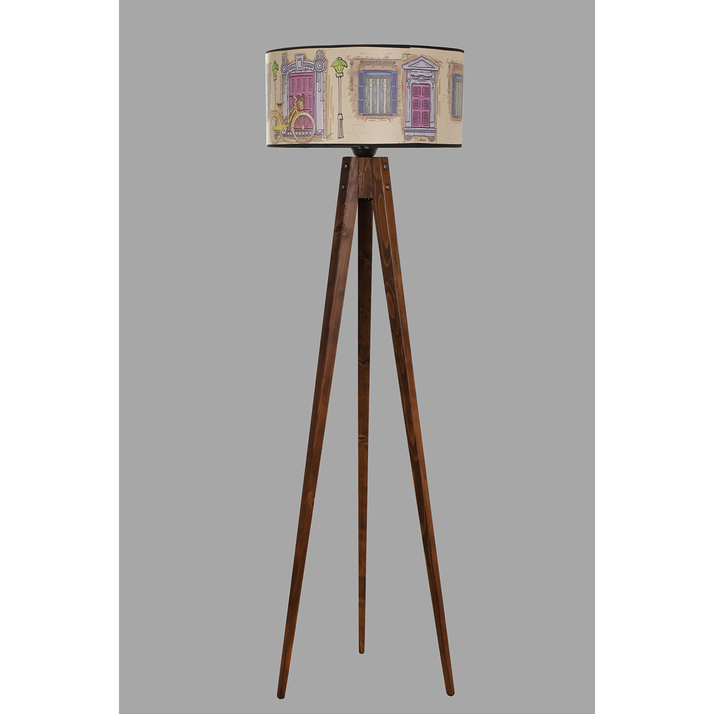 Wooden Floor Lamp with Fabric Lampshade Tripod 01 Multicolor H: 153 cm E27 60 W