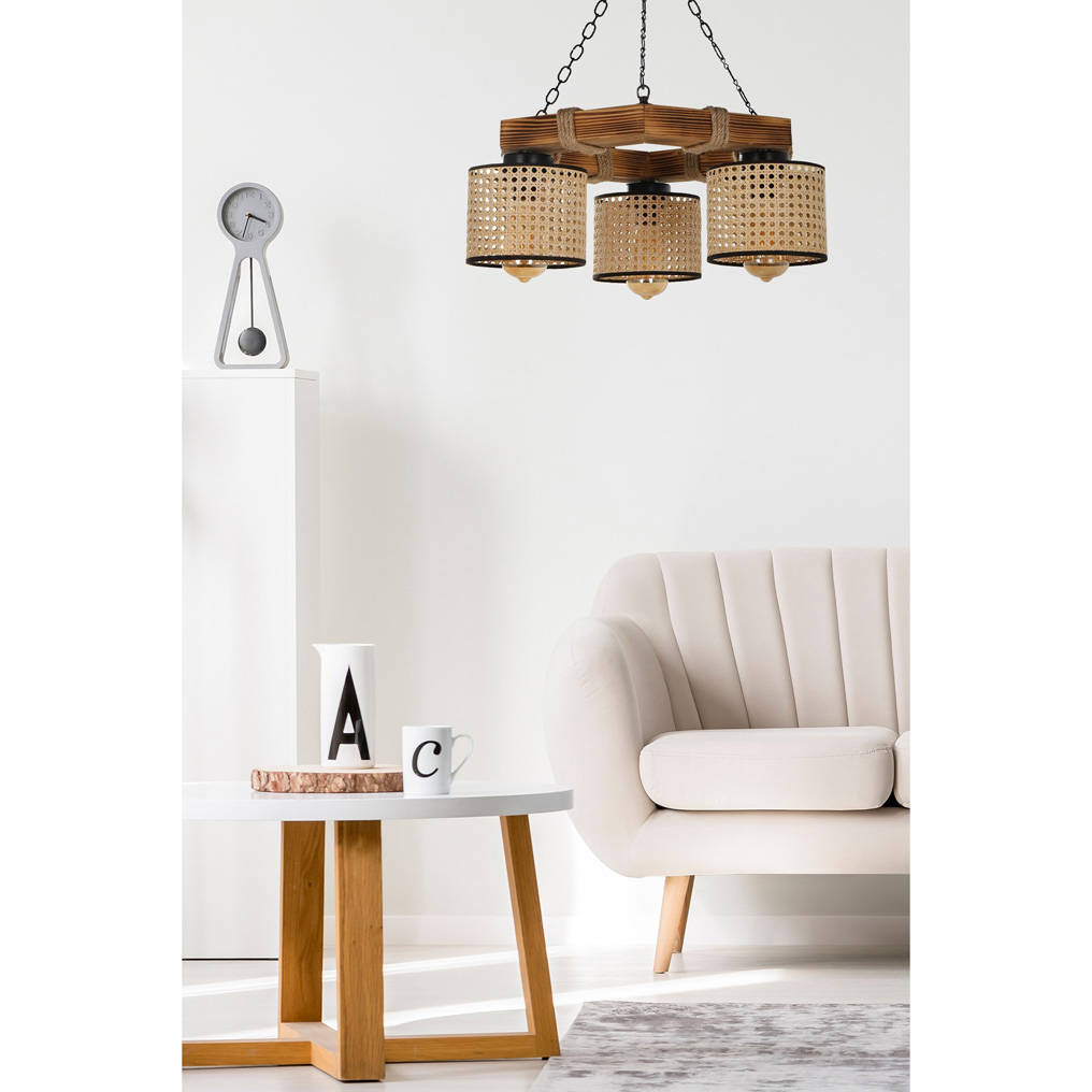 Burnt Wood Chandelier with Rattan Lampshades Mars 3 Lights Brown D: 45 cm E27 60 W