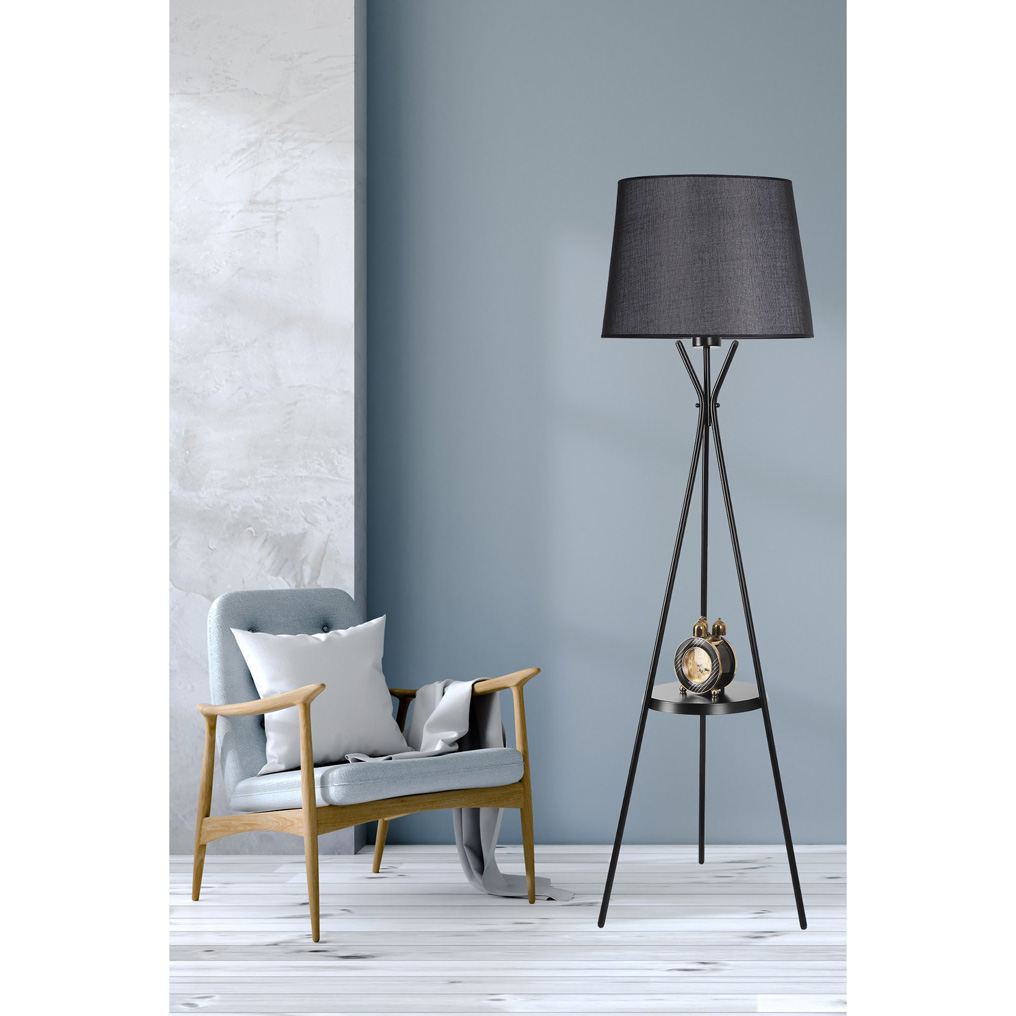 Metal Floor Lamp with Fabric Lampshade & Shelf Venetian Black H: 165 cm E27 60 W