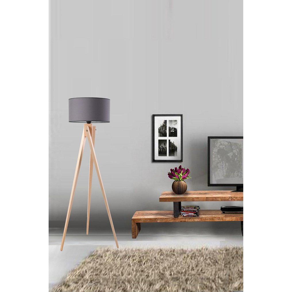 Fir Wood Floor Lamp with Fabric Lampshade Cross Tripod Gray H: 155 cm E27 60 W