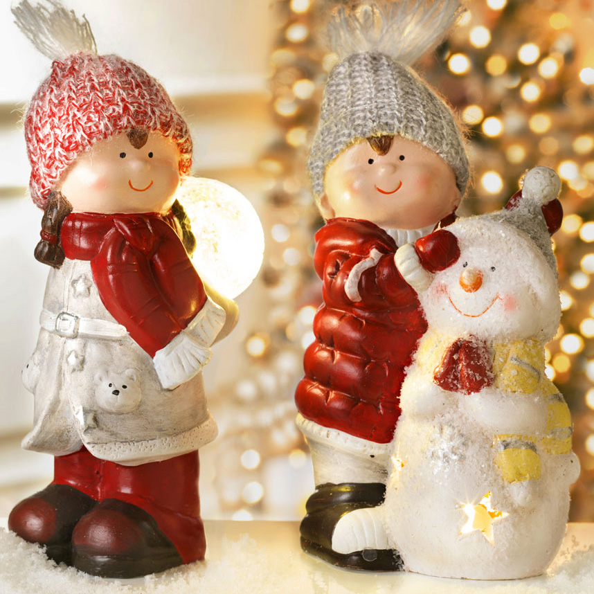 Clay decorative figures of children with LED 11.5x9.5x25 cm + 13x10x25 cm