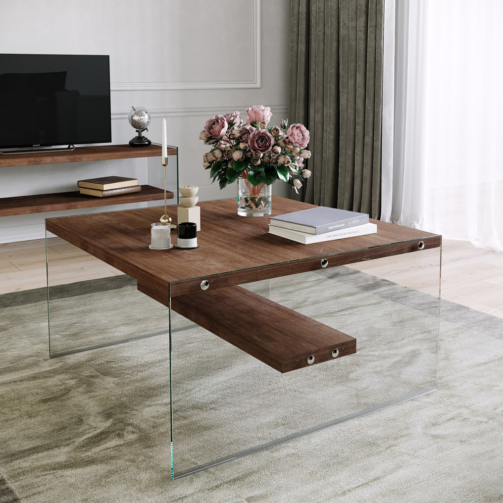 Wooden Coffee Table with Tempered Glass Frame & Shelf S100 Walnut 552NOS1401 W75xH40xD75 cm