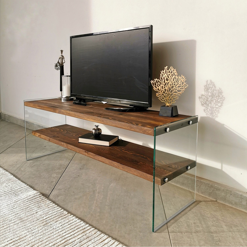 Wooden TV Stand with Tempered Glass Frame & Shelf TV103 Walnut 552NOS1506 W120xH45xD35 cm