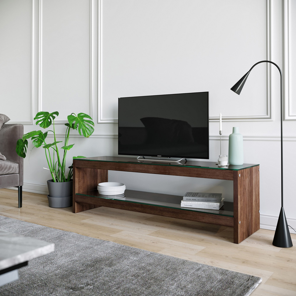 Wood & Clear Tempered Glass TV Stand with Shelf TV300 Walnut 552NOS1509 W140xH45xD40 cm