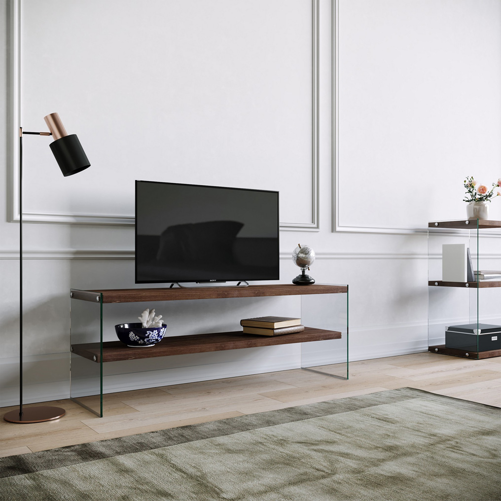 Έπιπλο τηλεόρασης με ράφια από ξύλο & σκληρυμένο γυαλί TV1003 Καρυδί 552NOS1512 120x45x35 εκ.