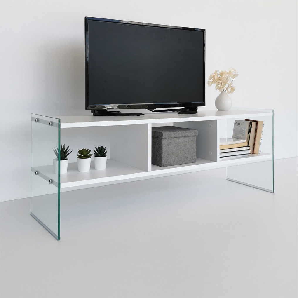 Particle Board TV Stand with Clear Tempered Glass Frame TV400 White 552NOS1513 W120xH45xD35 cm