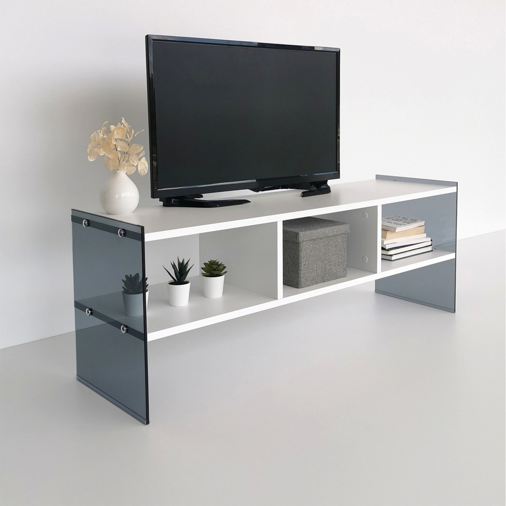 Particle Board TV Stand with Smoked Tempered Glass Frame TV401 White+Fume 552NOS1514 W120xH45xD35 cm