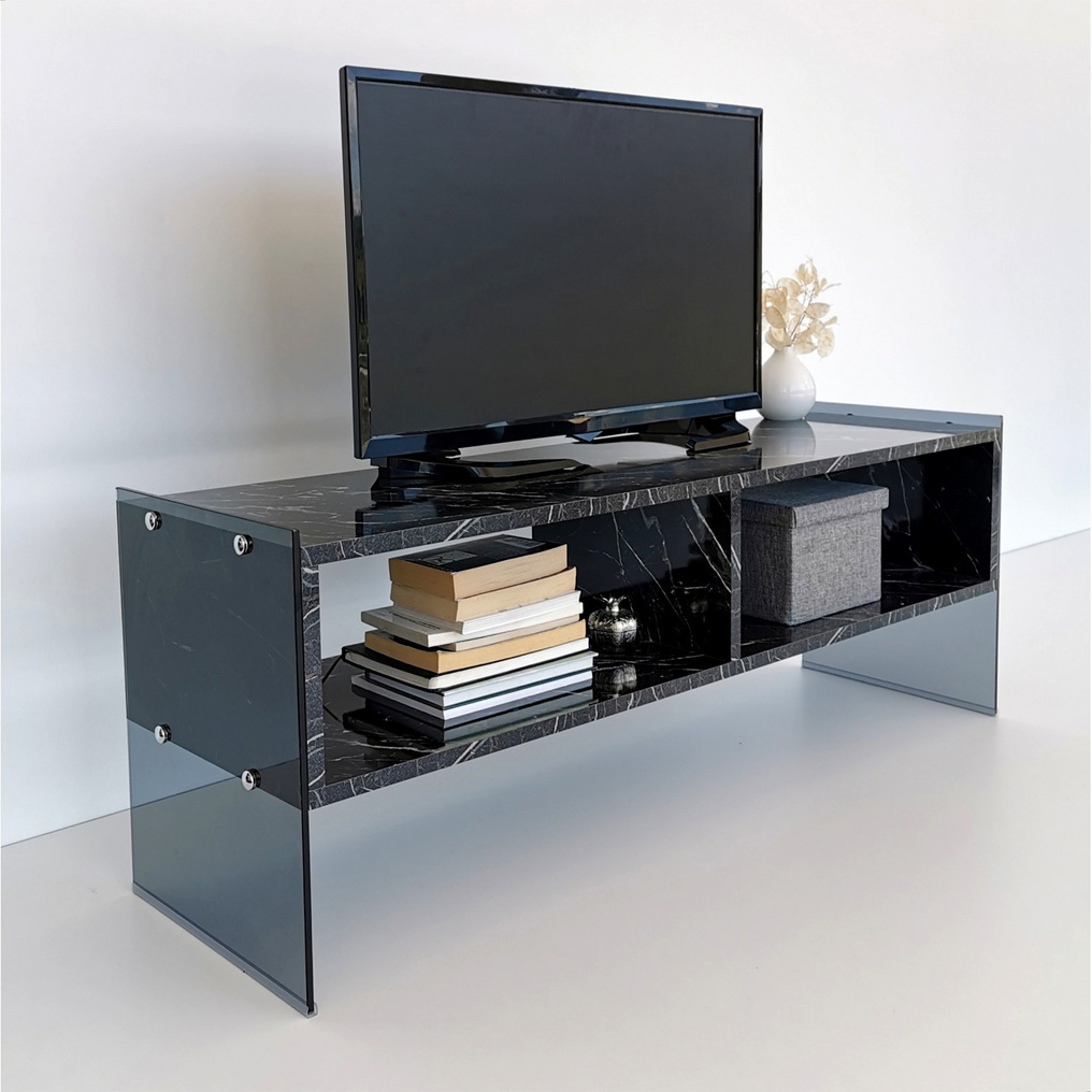 Particle Board TV Stand with Tempered Glass Frame & Shelf TV403 Black+Fume 552NOS1516 120x45x35 cm