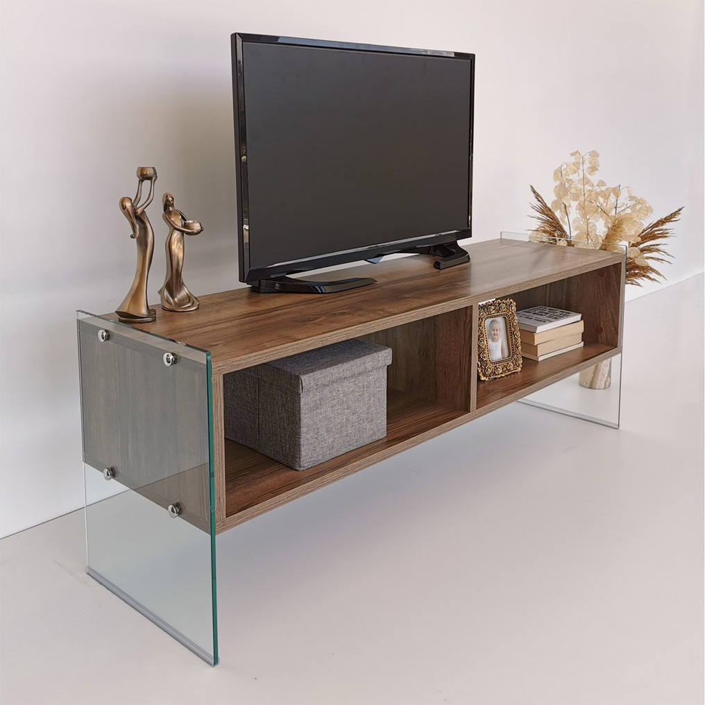 Particle Board TV Stand with Tempered Glass Frame & Shelf TV404 Walnut 552NOS1517 W120xH45xD35 cm