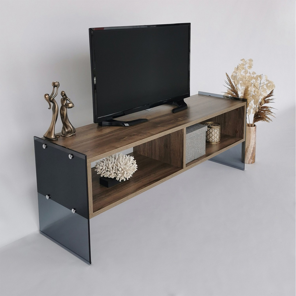 Particle Board TV Stand with Tempered Glass Frame & Shelf TV405 Walnut+Fume 552NOS1518 120x45x35 cm