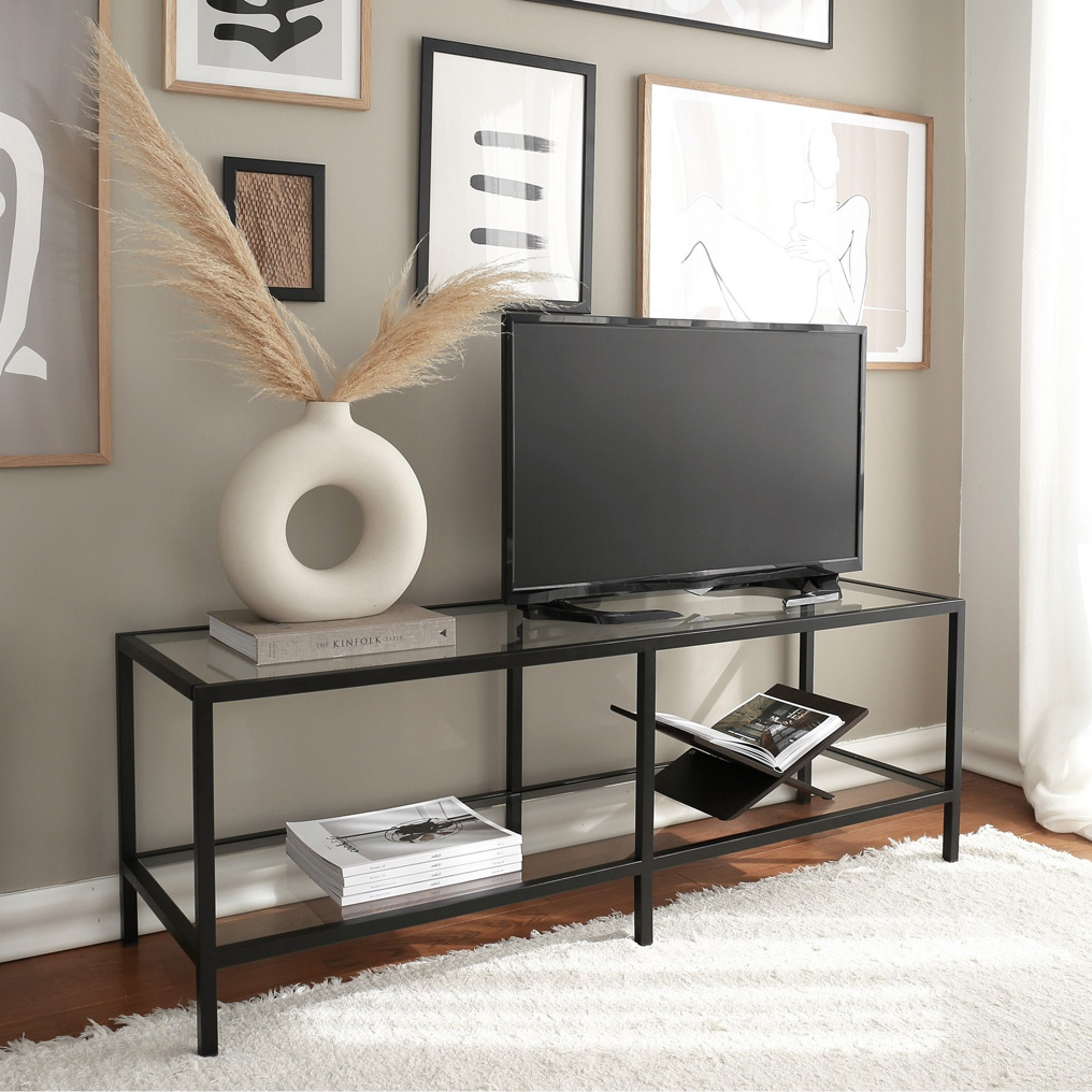 Tempered Glass TV Stand with Metal Frame Basic TV500 Matte Black 552NOS2219 W130xH45xD40 cm