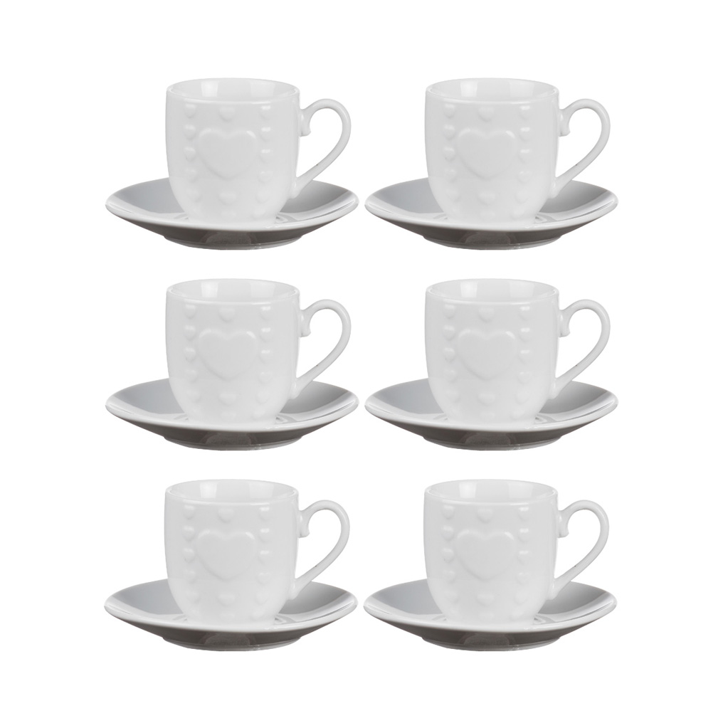 Porcelain coffee cups with embossed hearts 80 ml + saucers white 6 pcs