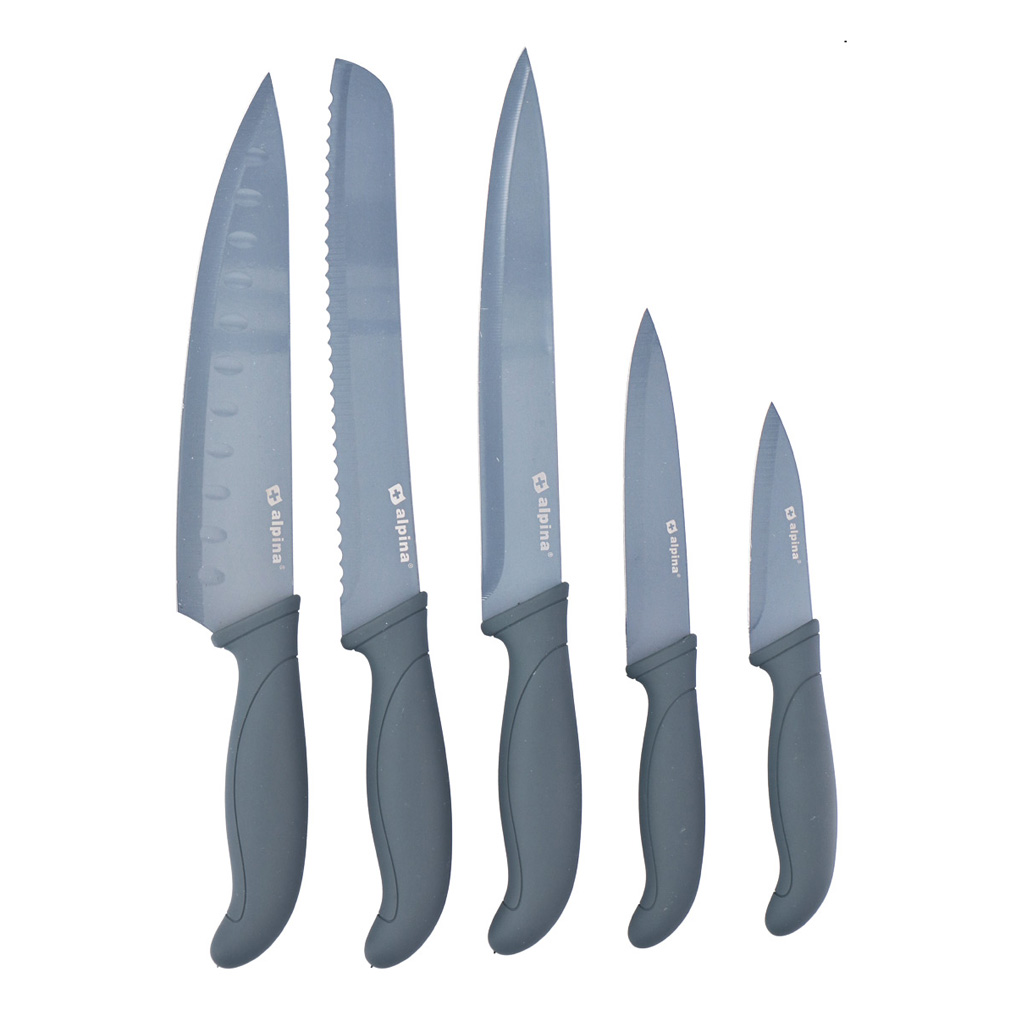 Set of 5 stainless steel kitchen knives with grey plastic handle