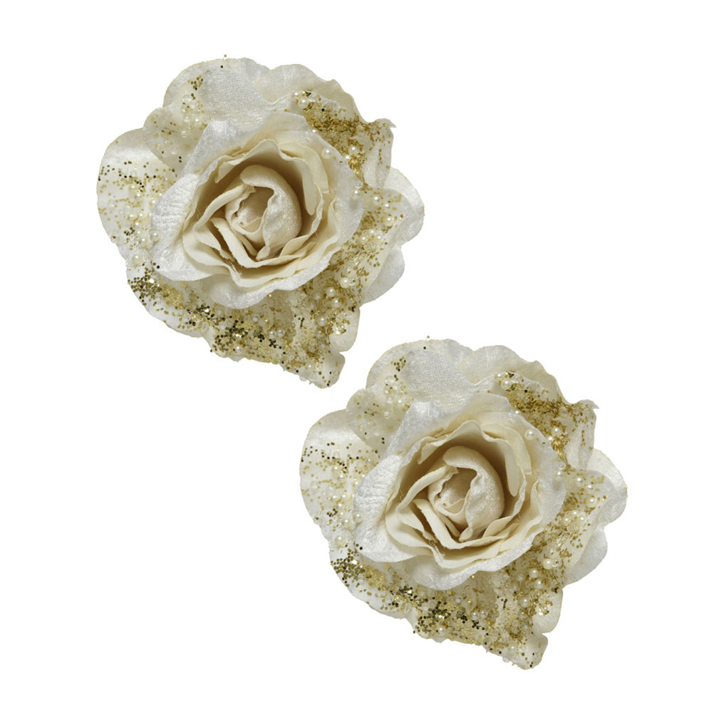Ornaments roses white glitter with clip 12x6 cm 2 pcs