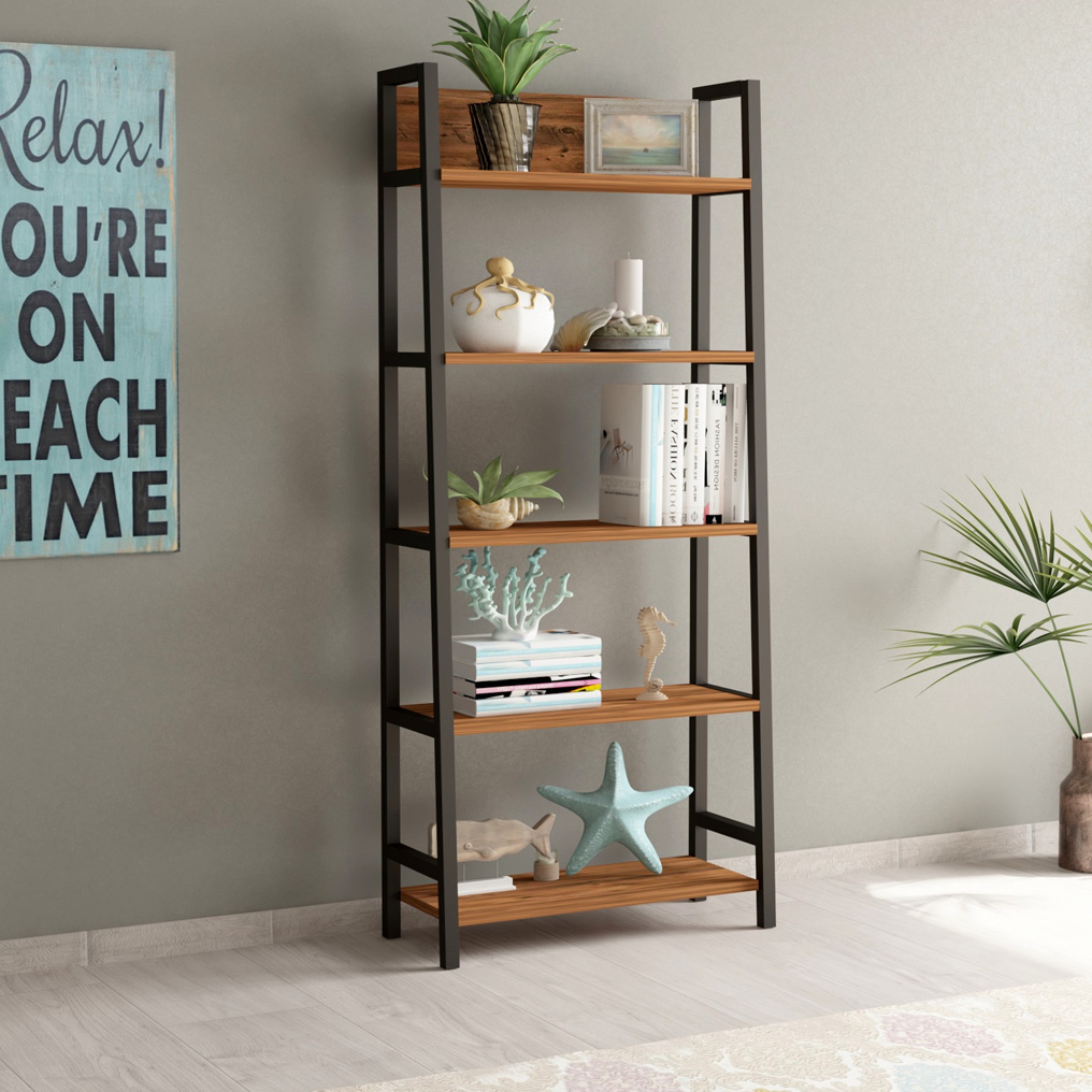 Particle Board Bookcase with Metal Frame & Shelves Nero Glory Walnut, Black 570VLT1115 60x150x35 cm