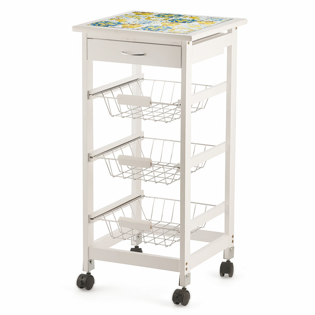 Wooden kitchen trolley 3 baskets, 1 drawer & glass top Tuscany 37x37x76 cm 5901083