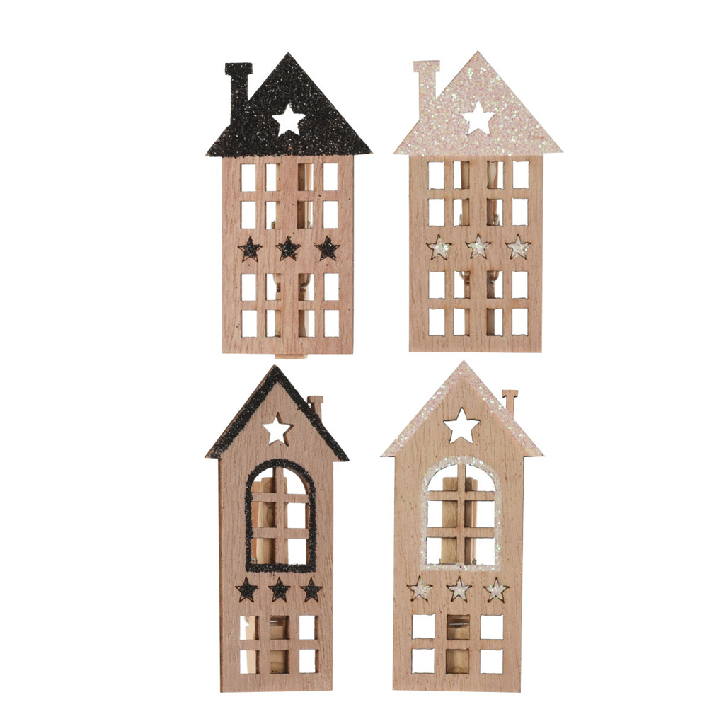 Wooden decorative houses with clips 3x6 cm 12 pcs